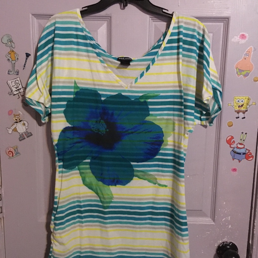 Wet Seal Women's Striped Floral Tee - Blue & Yellow